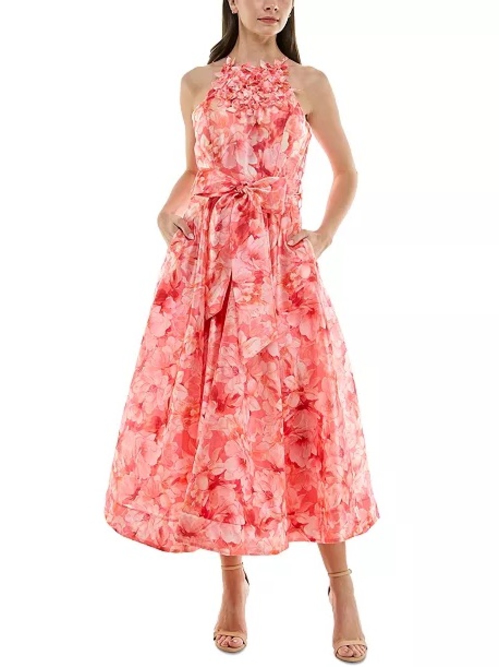 Taylor Coral Pink Floral trim bow waist midi dress